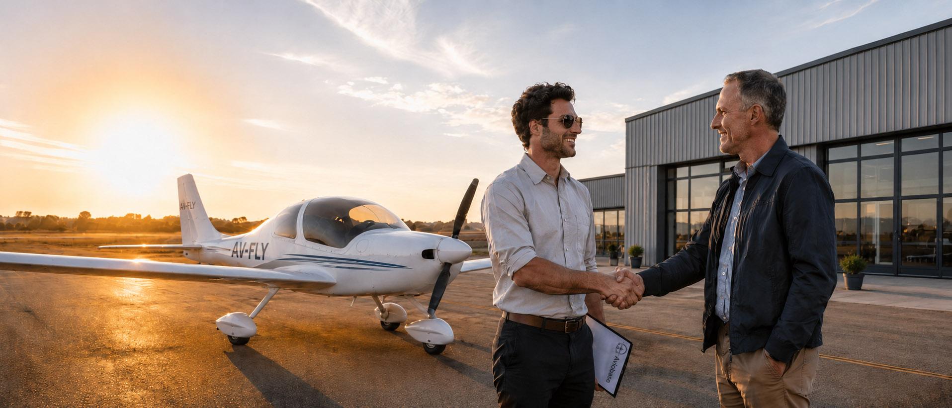 Two people shaking hands in front of a general aviation aircraft at sunset